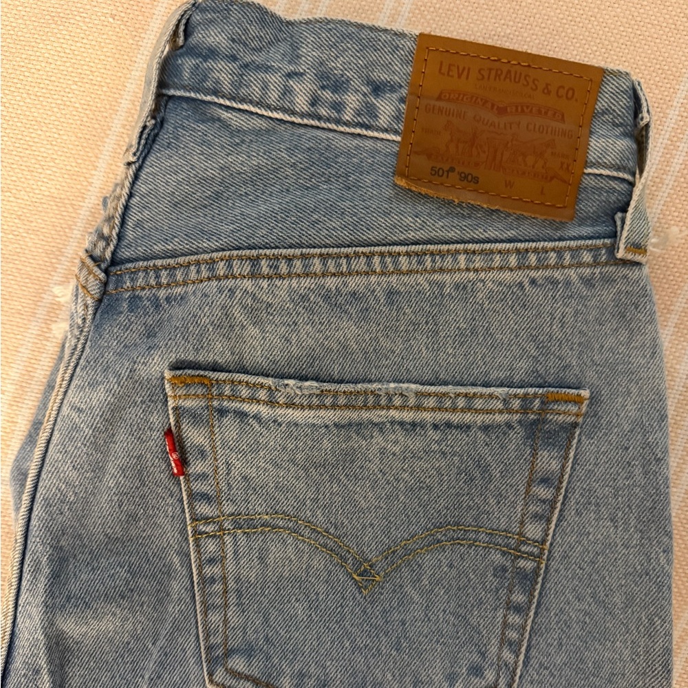 Levi's premium 501 90s jeans Light Blue Denim distressed ripped women’s size 28